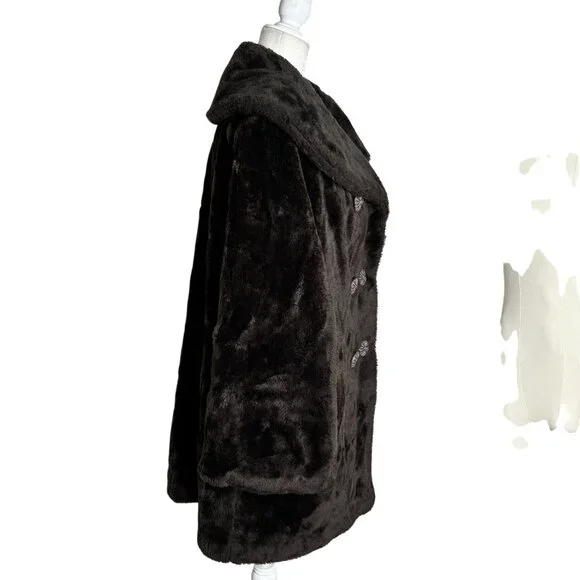 Vintage 70s Double Breasted Faux Fur Coat Large Buttons Pockets Orange Lining - Picture 4 of 10